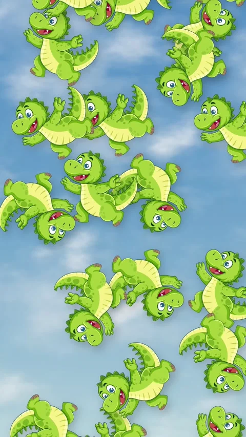 Cartoon Green Dinosaurs Falling Through Blue Sky with Clouds Stock Footage 341558179