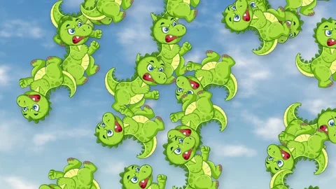 Cartoon Green Dinosaurs Falling Through Blue Sky with Clouds Stock Footage 342205484