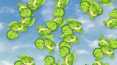 Cartoon Green Dinosaurs Falling Through Blue Sky with Clouds Stock Footage 344832065