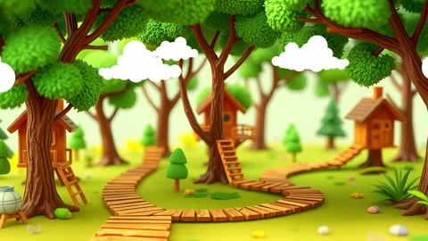 Cartoon green forest pathway -Forest Scene -Cartoon Stock Footage 307475264