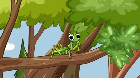 Cartoon Green Grasshopper Resting on a Tree Branch in a Forest Stock Footage 332964678