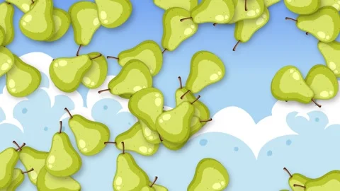 Cartoon Green Pears Falling Downward Against a Blue Cloudy Sky Stock Footage 340323368