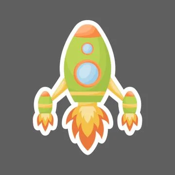 Cartoon green rocket with fire trace launched into space for design of notebo Stock Illustration