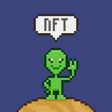 Cartoon green smiling alien with text NFT Stock Illustration