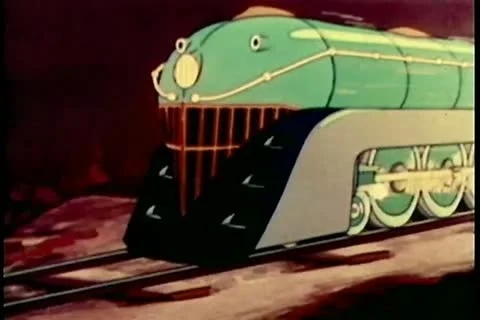 Cartoon of green train blowing warning Stock Footage 11345718