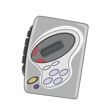 A cartoon grey electronic device audio music player with screen and knob. Retro  Stock Illustration