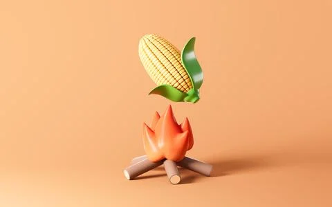 Cartoon grilled corn, corn and fire, 3d rendering. Foto stock