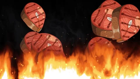 Cartoon Grilled Steaks Bouncing Over Blazing Flames Animation Видео 347935404