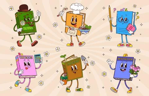 Cartoon groovy book characters vector playful set Stock Illustration