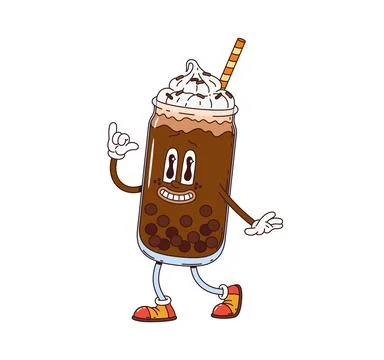 Cartoon groovy bubble tea cup retro character Stock Illustration