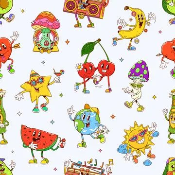 Cartoon groovy characters seamless pattern Stock Illustration