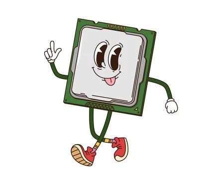Cartoon groovy computer chip processor character 스톡 일러스트
