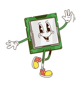 Cartoon groovy computer chip processor character 스톡 일러스트