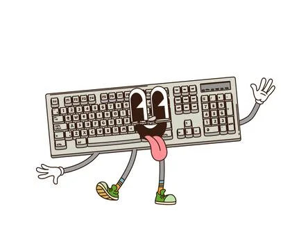 Cartoon groovy computer keyboard retro character Stock Illustration