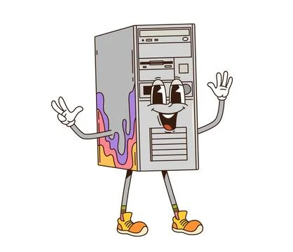 Cartoon groovy computer PC case retro character Stock Illustration
