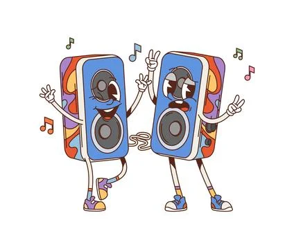 Cartoon groovy computer retro speakers characters Stock Illustration