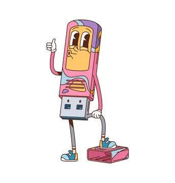 Cartoon groovy computer USB flash memory character Illustrazione stock