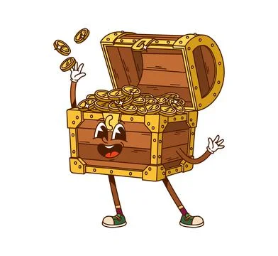 Cartoon groovy corsair pirate retro treasure chest Stock Illustration