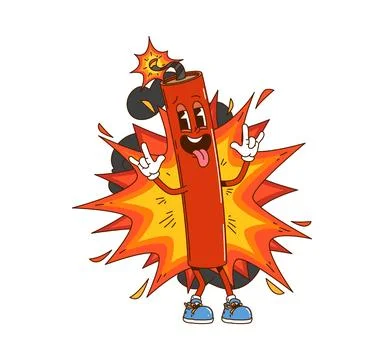Cartoon groovy dynamite character with fire flames Illustrazione stock