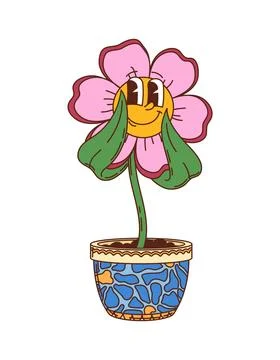 Cartoon groovy hippie flower potted character Stock Illustration