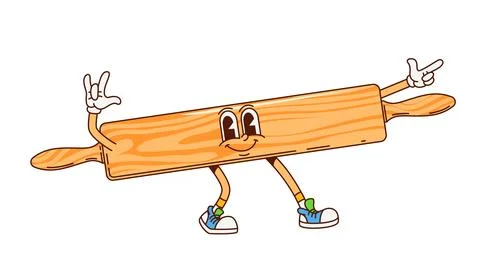 Cartoon groovy kitchen rolling pin character Stock Illustration