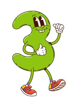Cartoon groovy math number three green character Stock Illustration