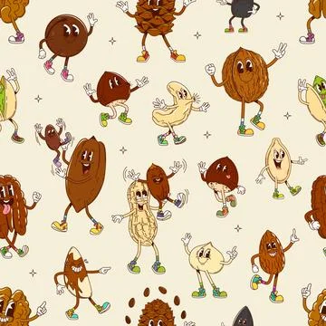 Cartoon groovy nut characters vector pattern Illustrazione stock