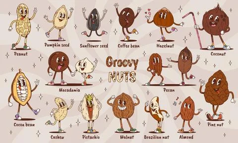Cartoon groovy nut, seed, bean or grain characters Stock Illustration