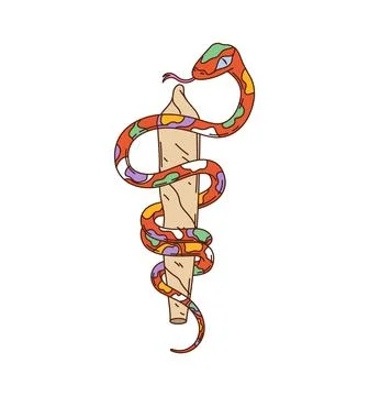 Cartoon groovy retro snake coiled around a staff Stock Illustration