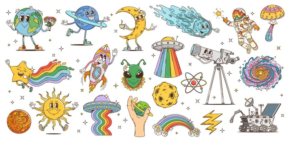 Cartoon groovy space astronaut, alien characters Ilustração Stock