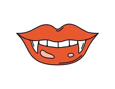 Cartoon groovy vampire lips with sharp fangs Stock Illustration