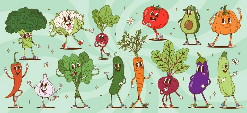 Cartoon groovy vegetable characters fun expression Stock Illustration