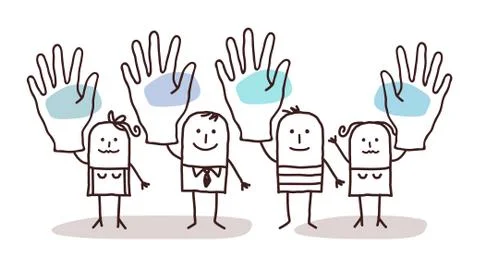 Cartoon group of people saying YES with raised hands Stock Illustration