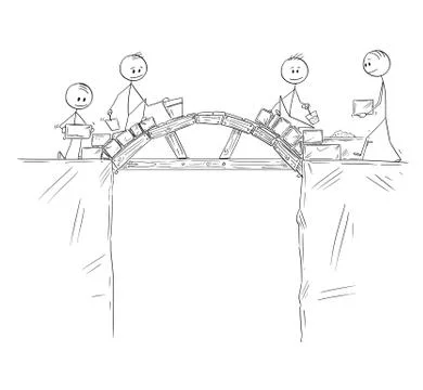 Cartoon of Group of Workers, Builders or Businessmen Building a Bridge Over the Illustrazione stock