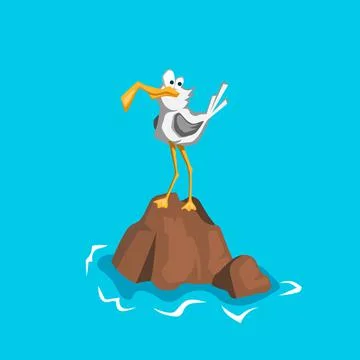 Cartoon gull. Comic seagull on stone. Crazy bird character. Funny poster Stock Illustration