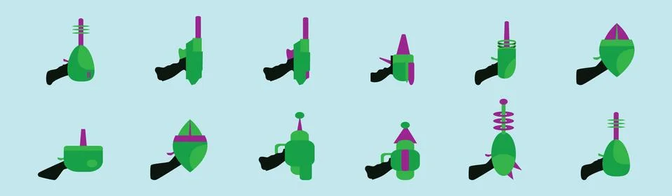 Cartoon gun collection. Flat vector colorful toys. Space laser guns design Stock Illustration