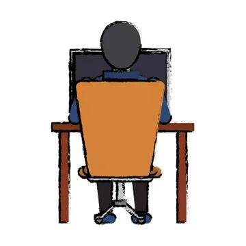 Cartoon guy back working laptop chair desk Stock Illustration