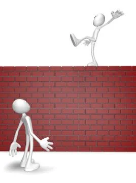 Cartoon guy balances on brick wall - 3d illustration Stock Illustration