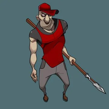 Cartoon guy in a baseball cap stands with a spear in his hands Stock Illustration