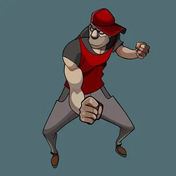 Cartoon guy with a baseball cap stands in a fighting stance Stock Illustration