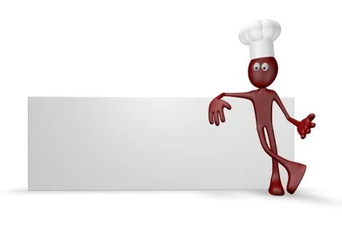 Cartoon guy with cook hat leans on blank white board - 3d illustration Stock Illustration