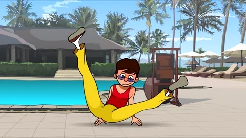Cartoon guy dancing breakdance by the pool Stock-Footage 167545420