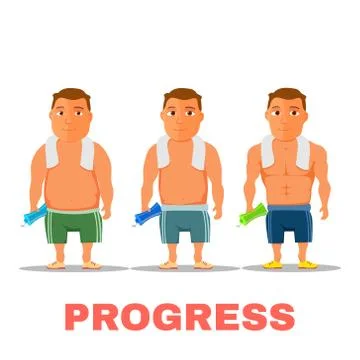 Cartoon guy fit progress, after work out. Vector Stock Illustration