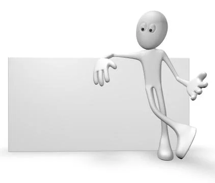 Cartoon guy leans on blank white board - 3d illustration Illustrazione stock