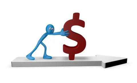 Cartoon guy pushes dollar on arrow - 3d illustration Stock Illustration