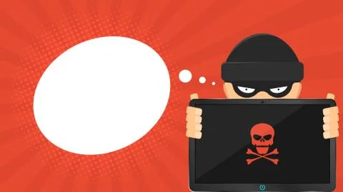 A cartoon hacker is holding a broken tablet in his hands. Empty cloud for tex Stock Illustration