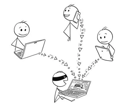 Cartoon of Hacker Stealing Data Hacking Computer, Tablet and Smart Phone Stockillustratie