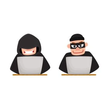 Cartoon hackers using laptop for computer attack Illustrazione stock