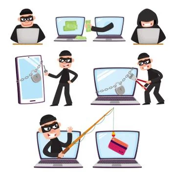 Cartoon hackers using laptop, stealing money Stock Illustration