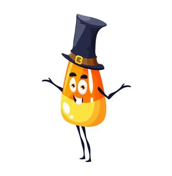 Cartoon Halloween candy corn in hat. Vector toffee Stock Illustration